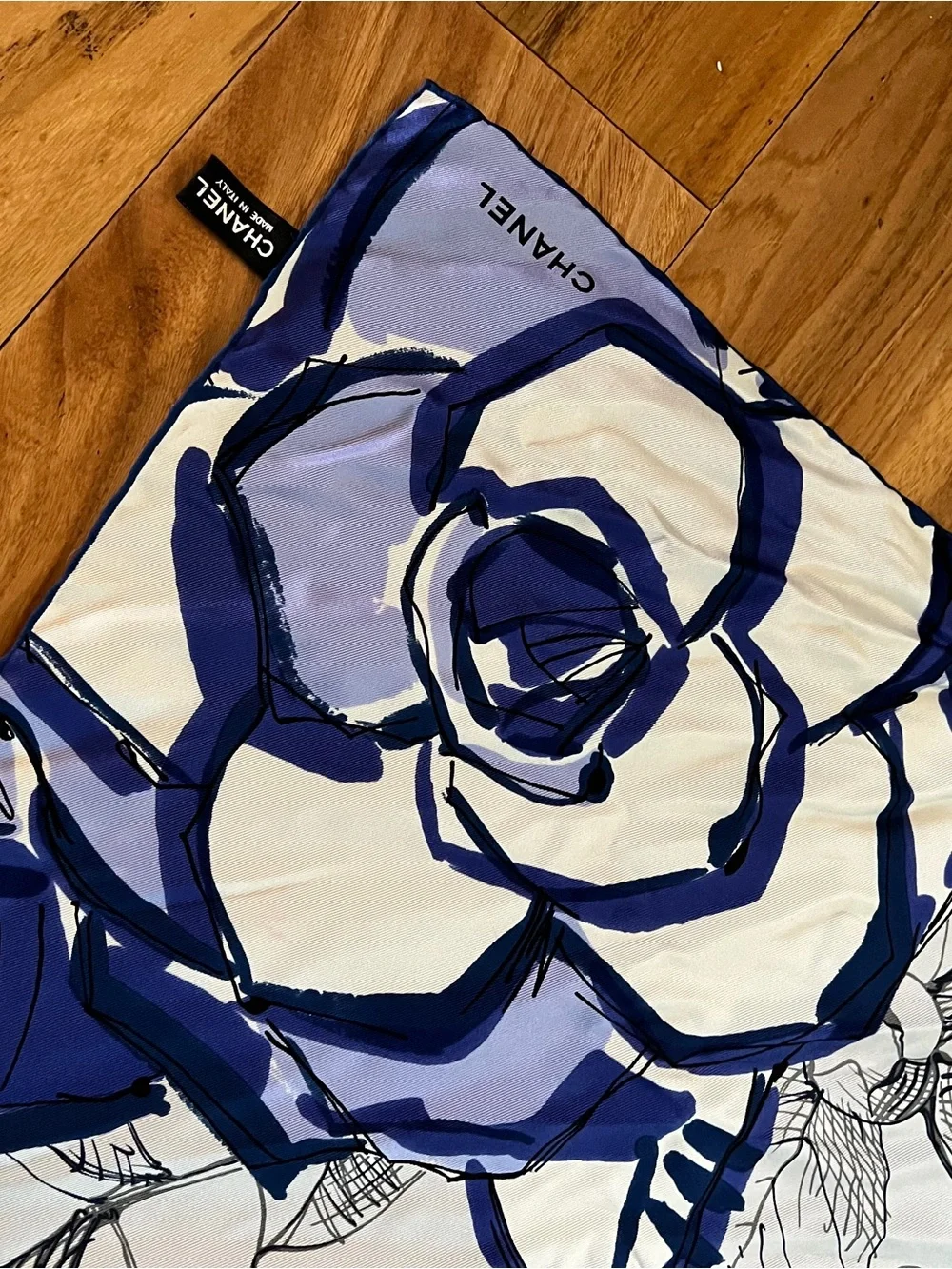 CHANEL Blue and White Silk Scarf